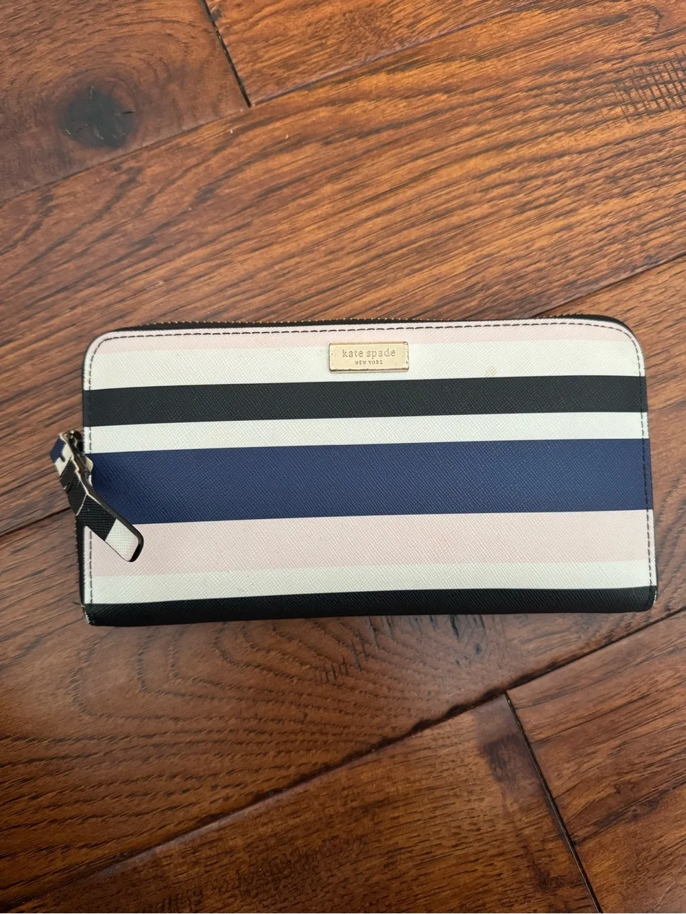 kate spade Striped Zip Wallet in Navy, Black & Blush